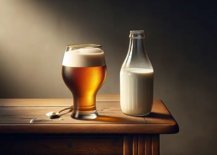 a glass of beer and a bottle of milk on the table