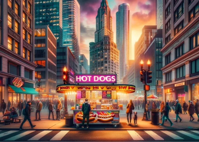 a hotdog stand in the city