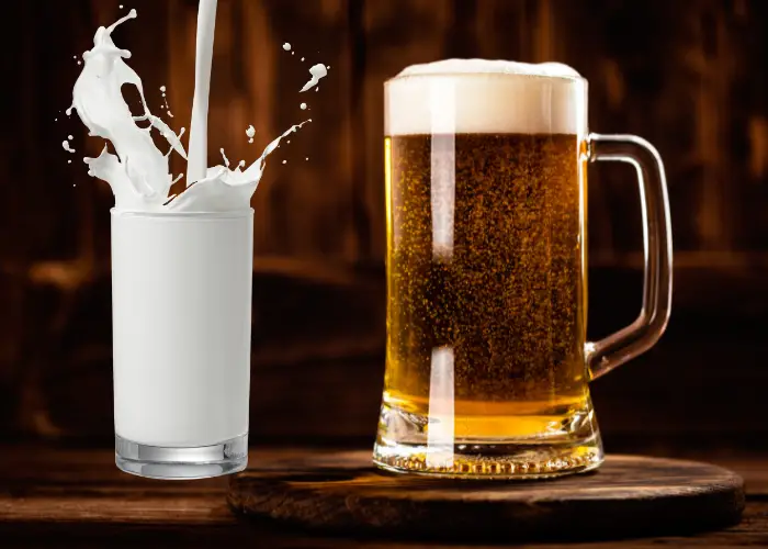 beer mug and a cup with pouring milk