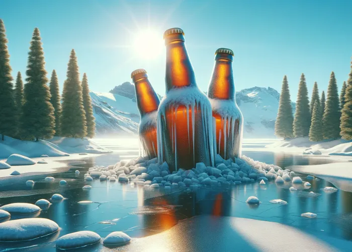 bottles emerging from a frozen lake, set against a wintry backdrop.