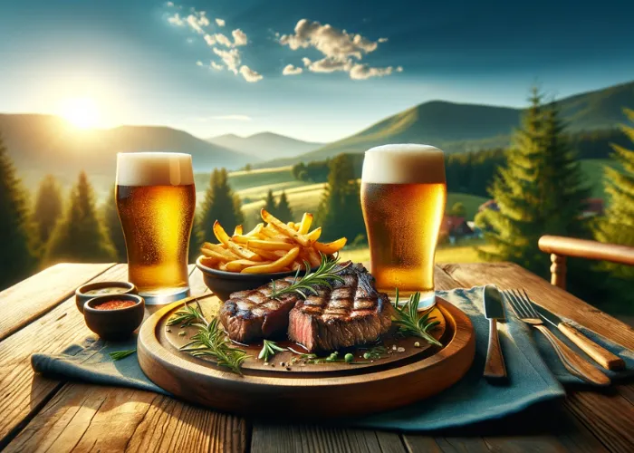 deliciously grilled steak, cooked to perfection, alongside two frosty glasses of beer