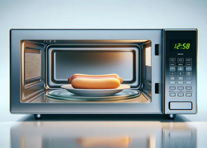 image of a single hot dog inside a microwave