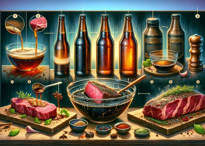 the step-by-step process of marinating a steak in beer, captured in a beautiful landscape image