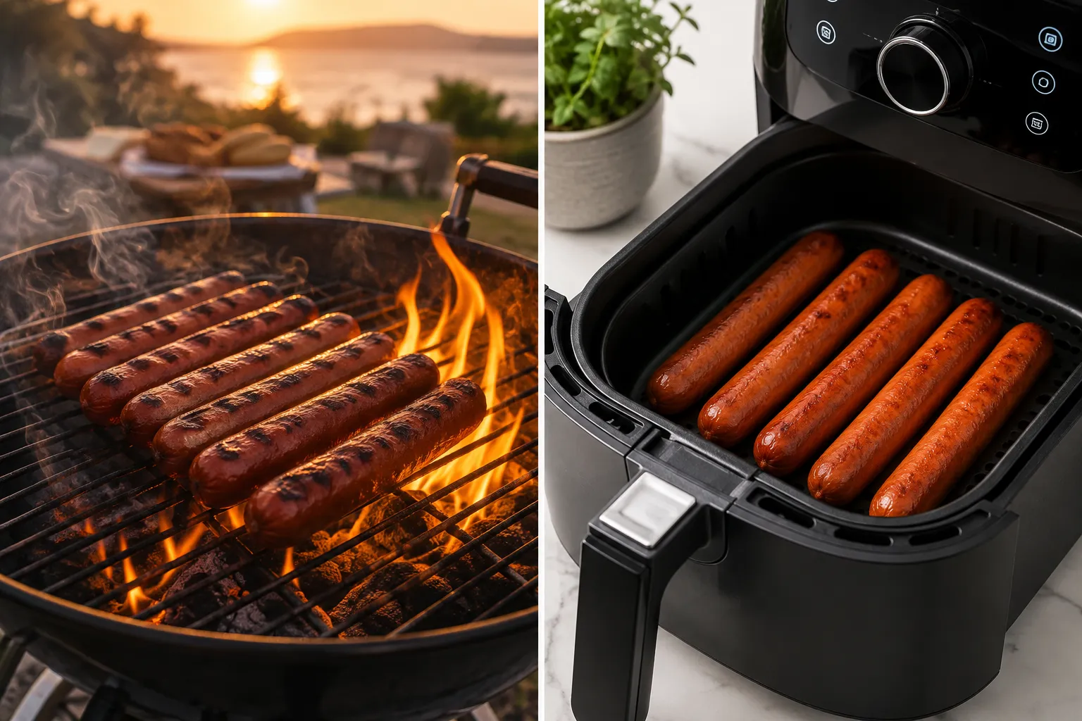 Cooked hot dog in a toasted bun beside an air fryer