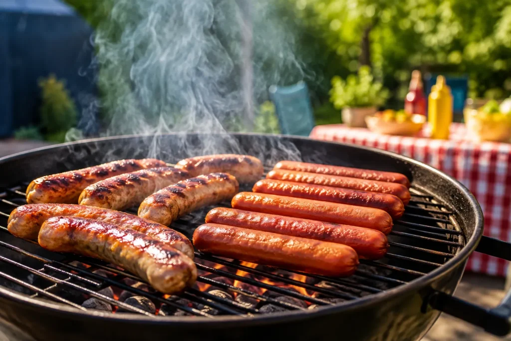 Hot dogs and sausages cooking on a smoky charcoal grill