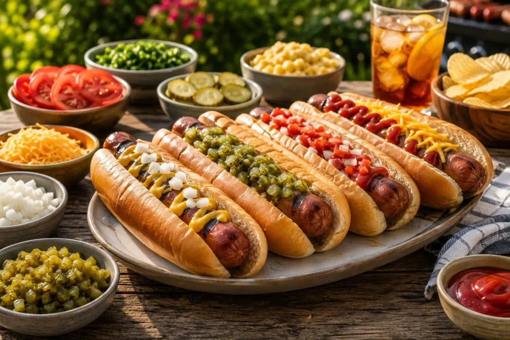 A spread of easy hot dog recipes prepared for dinner