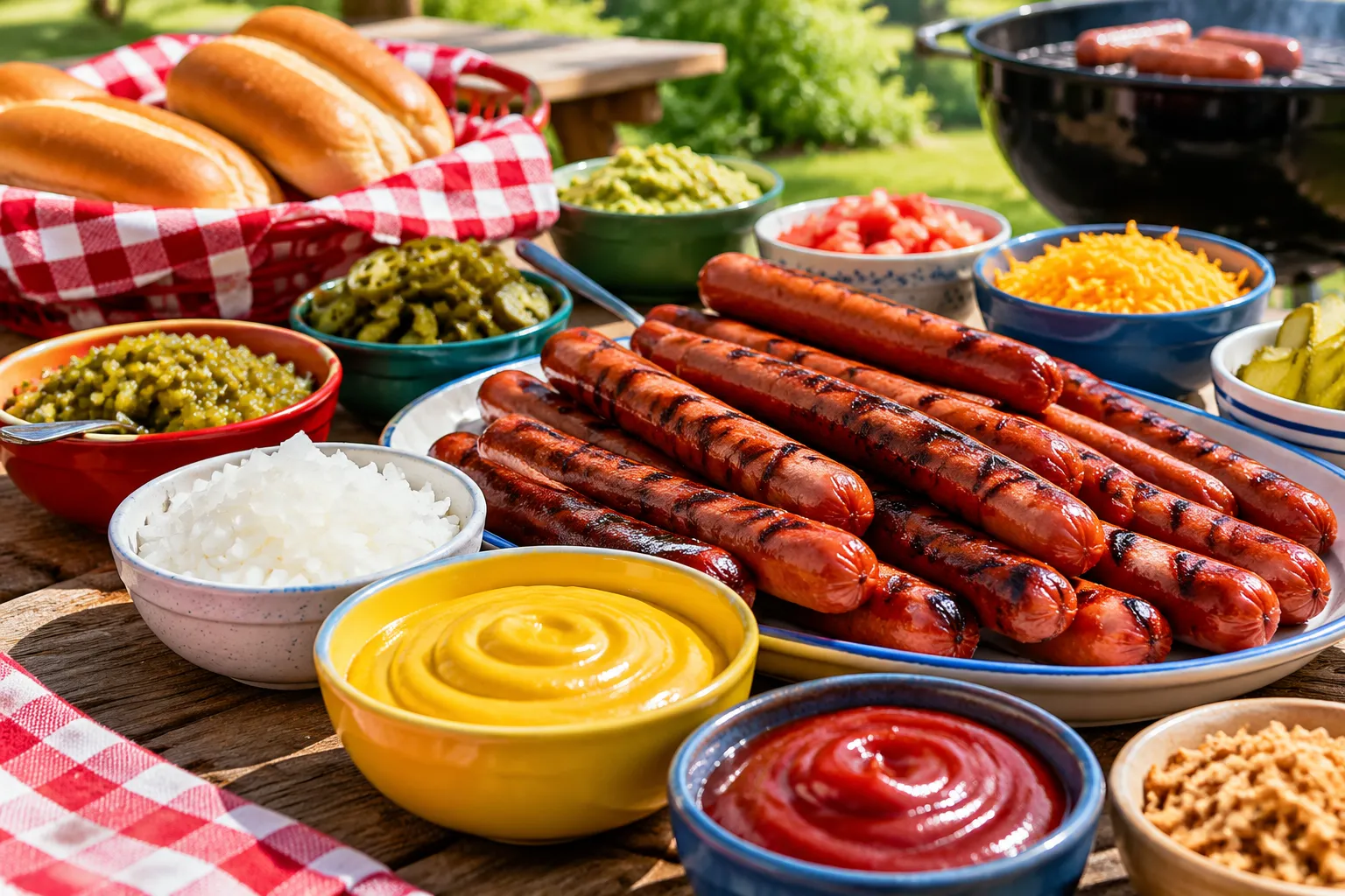 Assorted hot dog toppings for a cookout