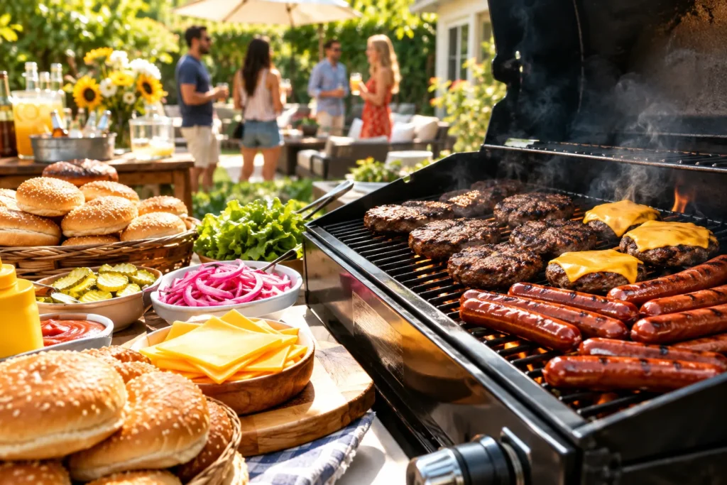 Grilled hot dogs and burgers served for a cookout