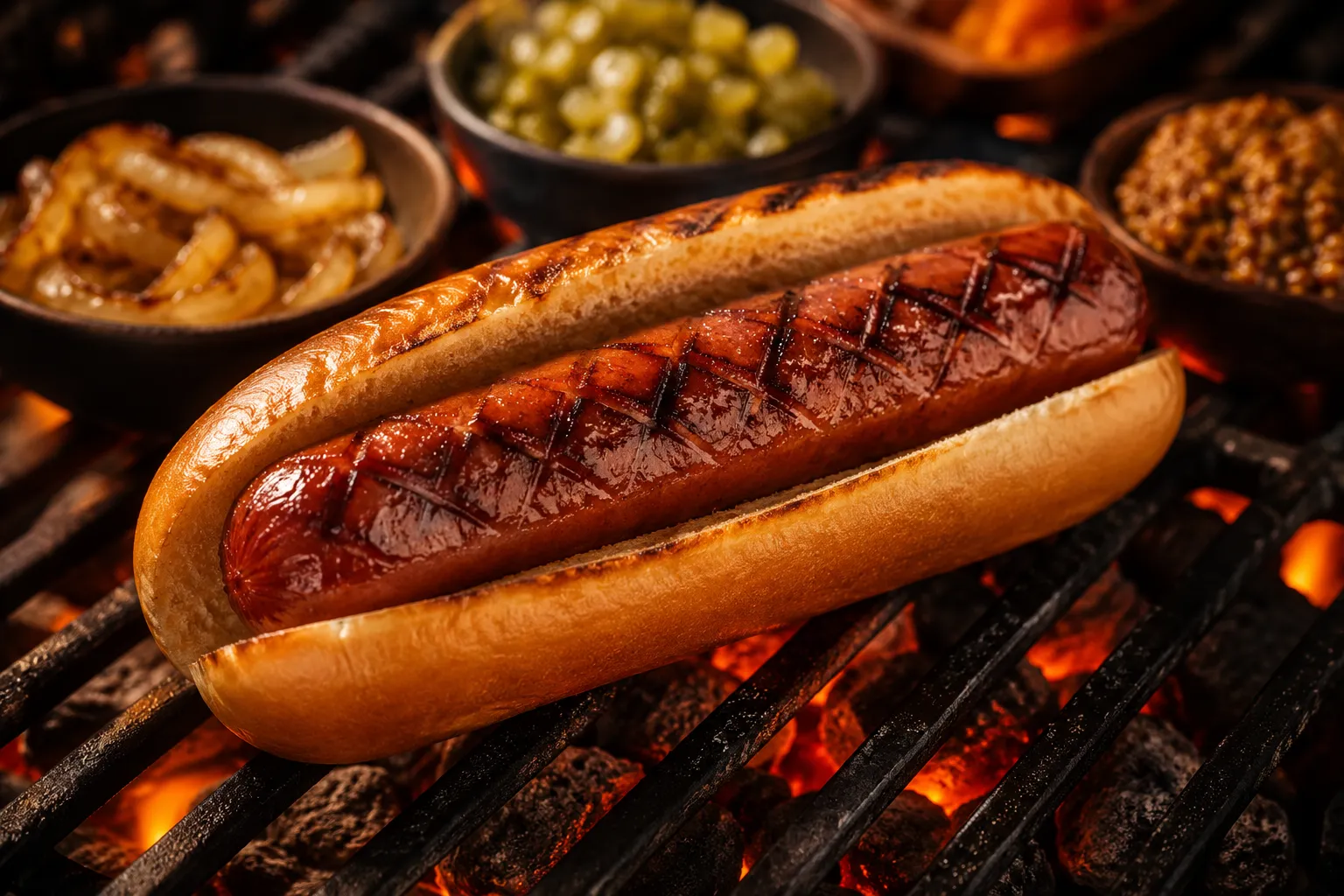 Grilled hot dog in a toasted bun with onions and condiments