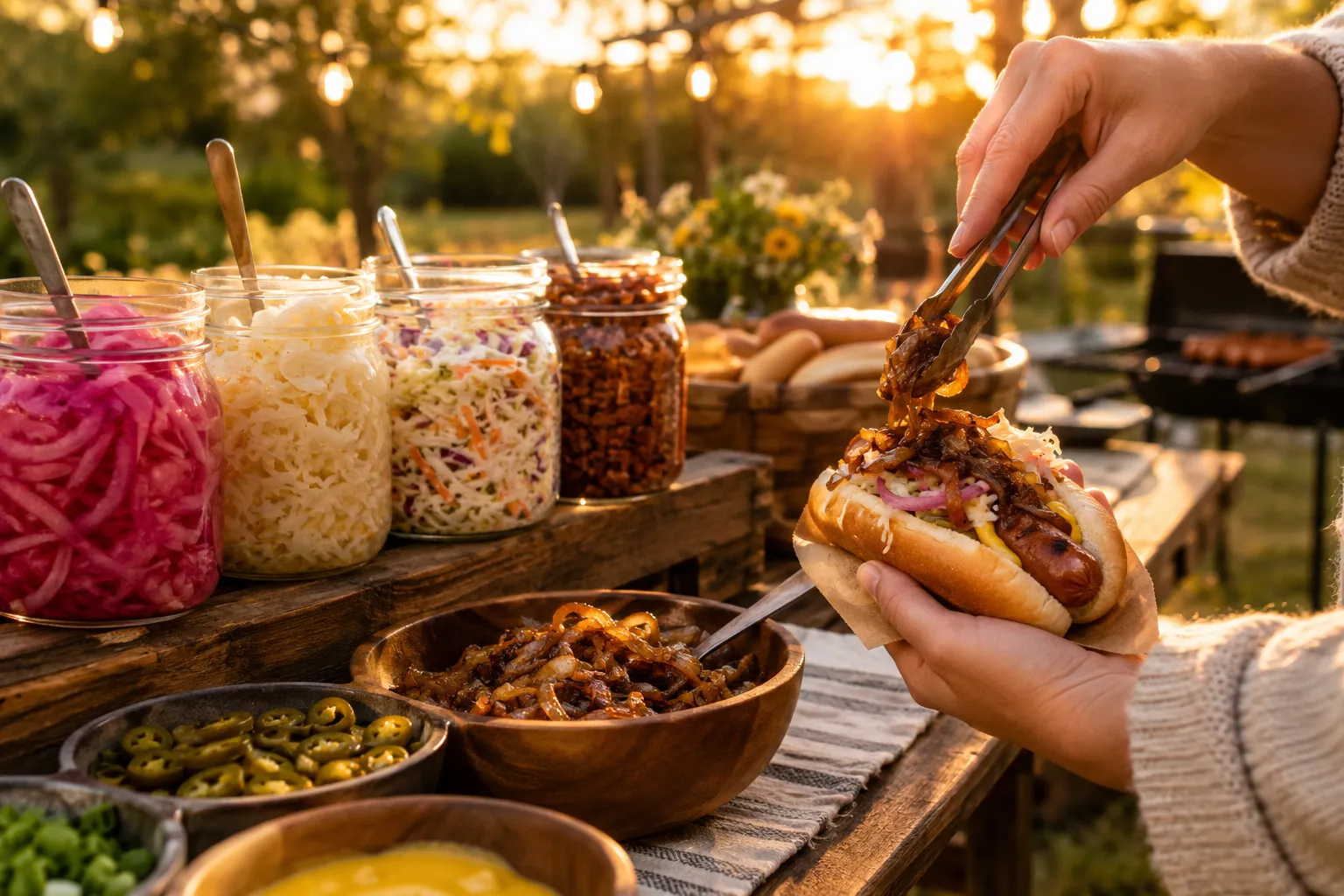 Hot dog toppings arranged for a cookout toppings bar
