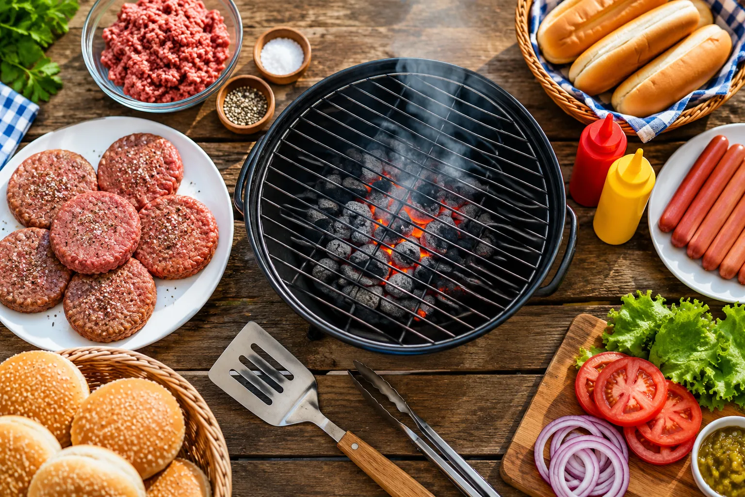 Grilled hot dogs and burgers ready to serve with buns