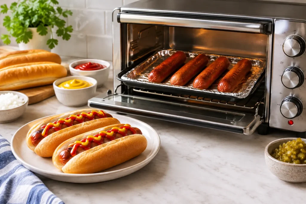 Hot dogs browning in a countertop toaster oven, with a hot dog in a bun beside it